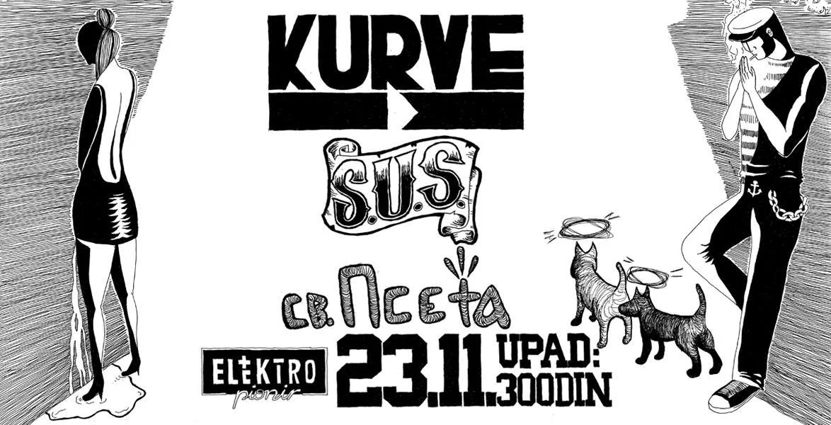 A black and white flyer featuring artistic depictions of a woman on the left, a man on the right, and two cats in the center with halos over their heads. The text includes "KURVE," "S.U.S," and details of an event on November 23. СВ. ПСЕТА