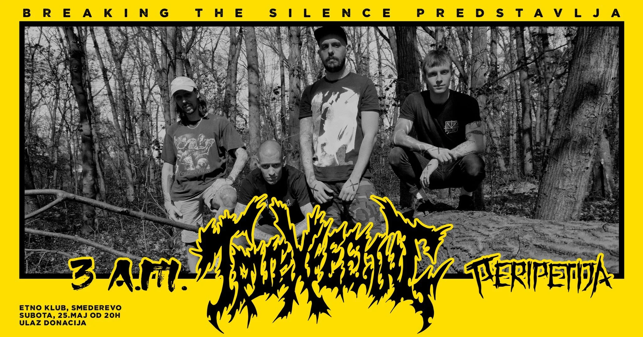 A black and white photo of four men in a forest, with event details in Serbian at the bottom, advertising a concert at Etno Kluba Smederevo on Saturday, May 25th at 8 PM, with donations at the entrance.