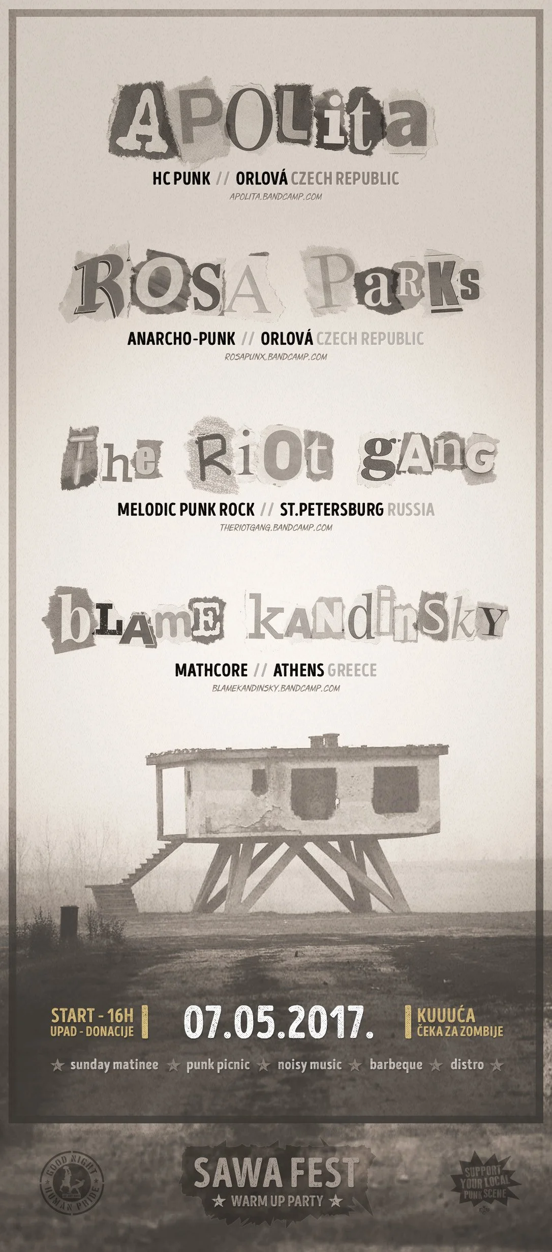A black and white poster advertising a punk music festival called Sawa Fest, scheduled for May 7, 2017, in Kuuća, Greece, featuring bands from Czech Republic, Russia, and Greece, with details about the event, activities, and a photo of a house on sti