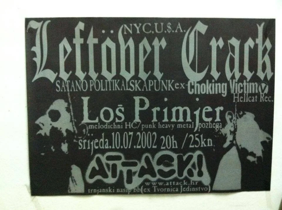 Black and white flyer for a punk concert featuring the band Leftober Crash and Los Primer. The concert was held on July 10, 2002, at 8 pm, with a ticket price of 25 kunas.