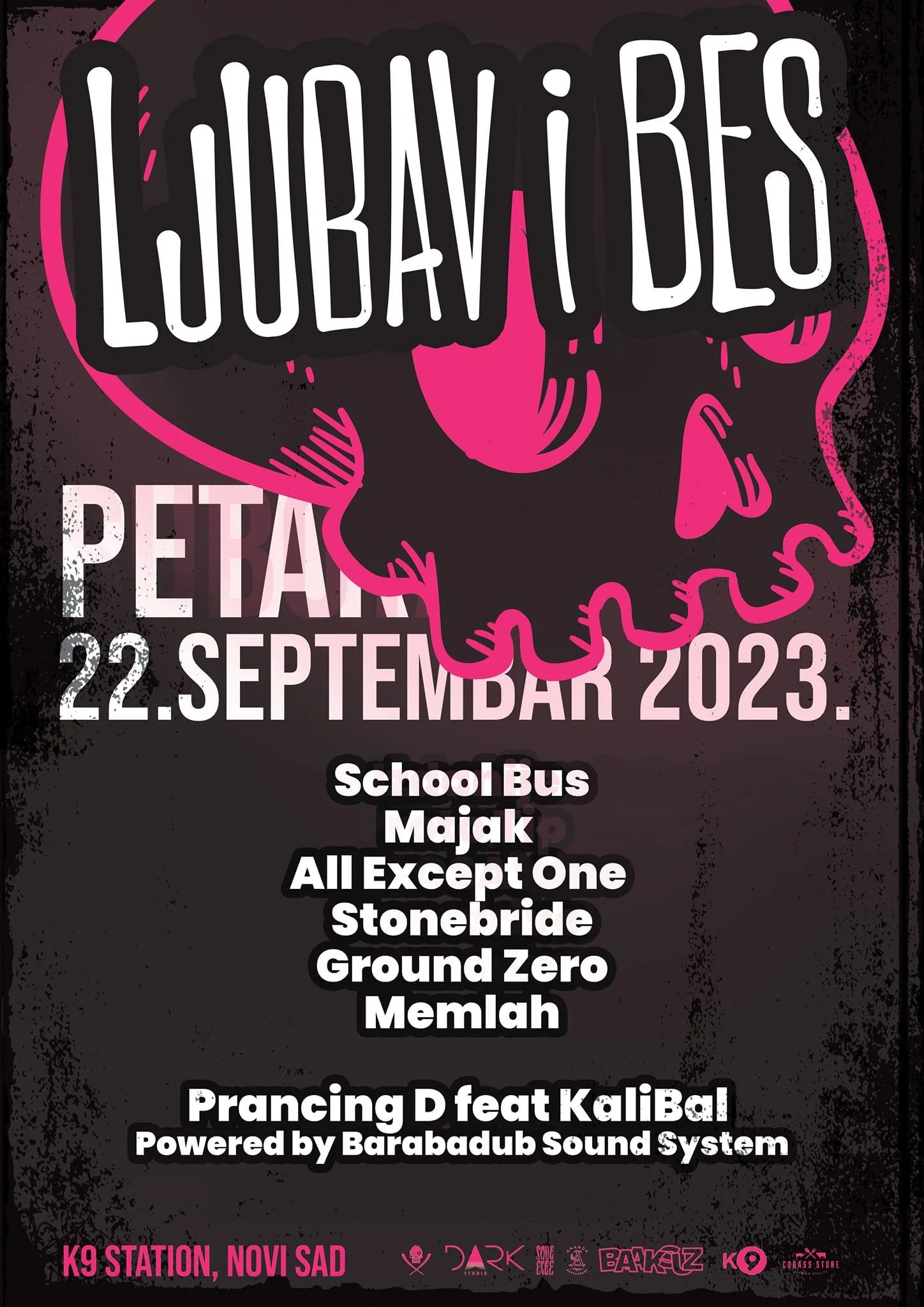 Event poster for a concert featuring Prancing D with KaliBal, powered by Barabadub Sound System, on September 22, 2023, at K9 Station in Novi Sad. The poster includes a silhouette of a woman's face outlined in pink and text details, along with logos 