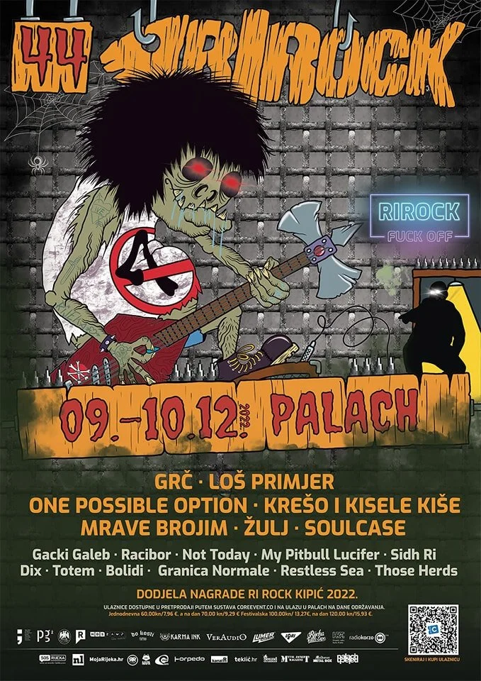 A promotional poster for the Sherifrock music festival held from December 9th to 12th at Palach with a dark cartoon-style skeleton playing an electric guitar, with band names listed below and a neon sign that says "RIROCK FUCK OFF."