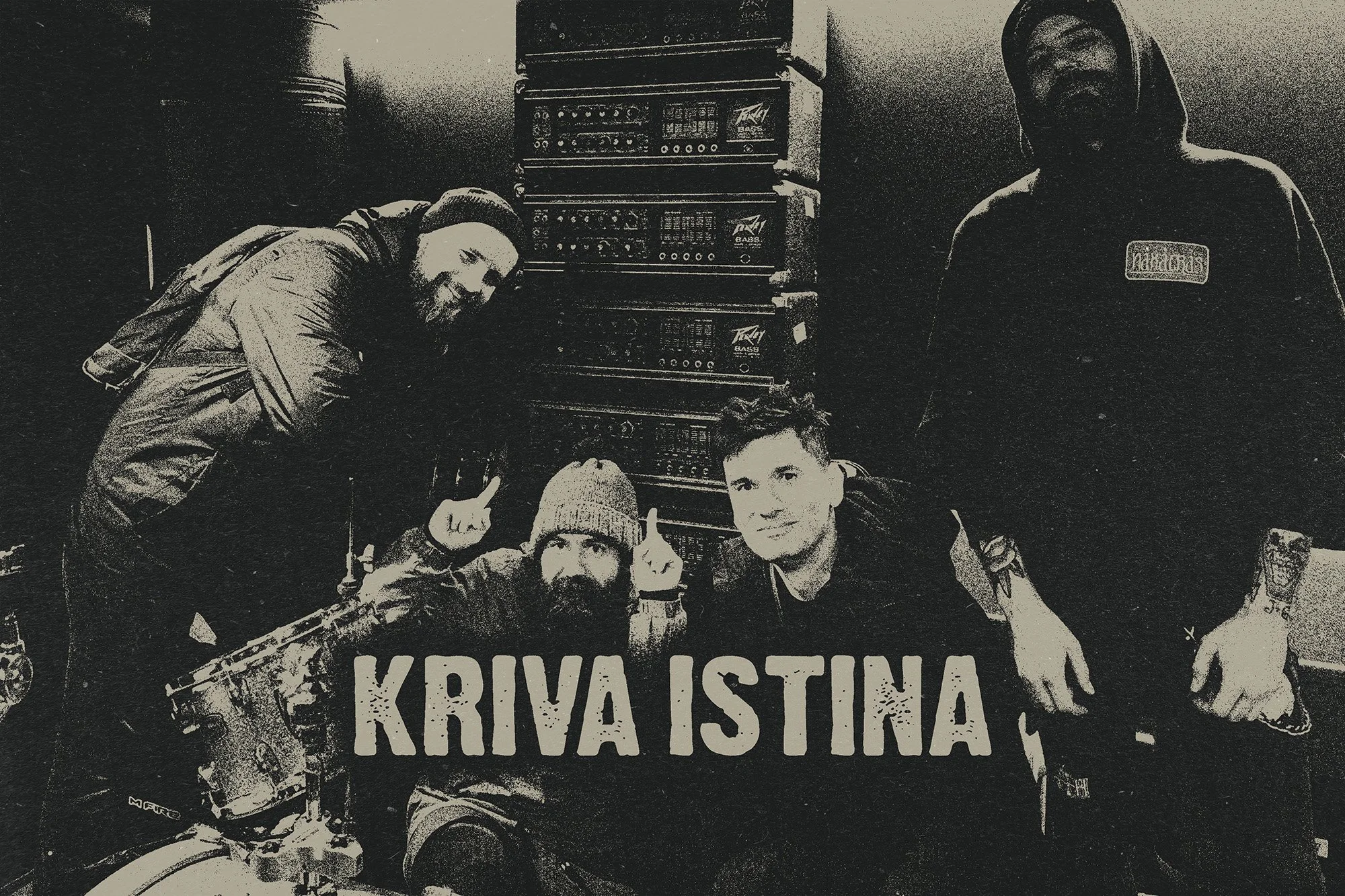 Black and white photo of four band members of KRIVA ISTINA band in front of a stack of audio equipment.