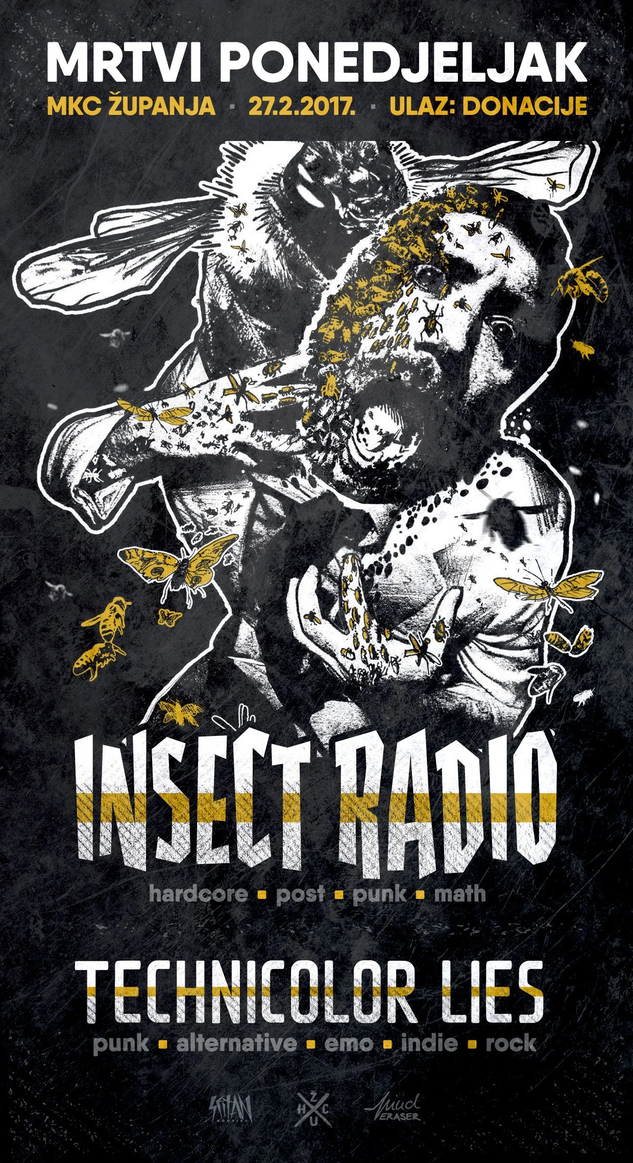 A dark poster with white and yellow text advertising an event titled "Insert Radio" on February 27, 2017, in Župa. The poster features a stylized image of a woman with bees and insects around her face, with some insects on her body and face. The text