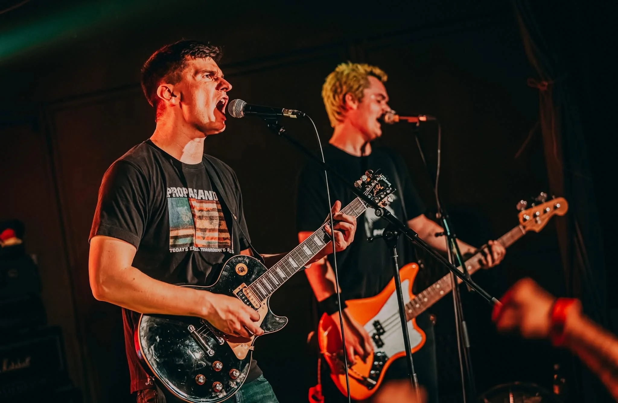 Two male musicians performing on stage with microphones and electric guitars.