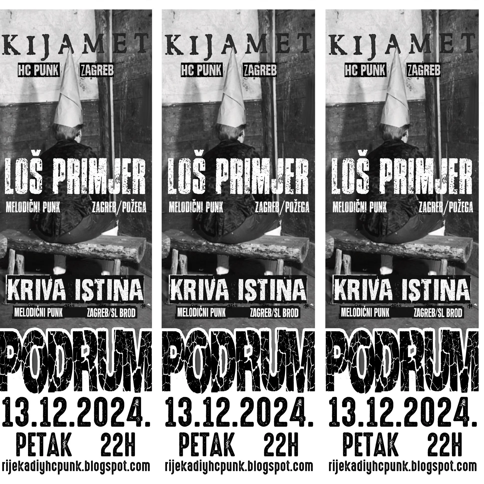 A black and white collage of concert or event flyers with prominent text including band names KIJAMET, HC PUNK, ZAGREB, and the event date 13.12.2024, along with additional details like location and time, repeated in a strip pattern.