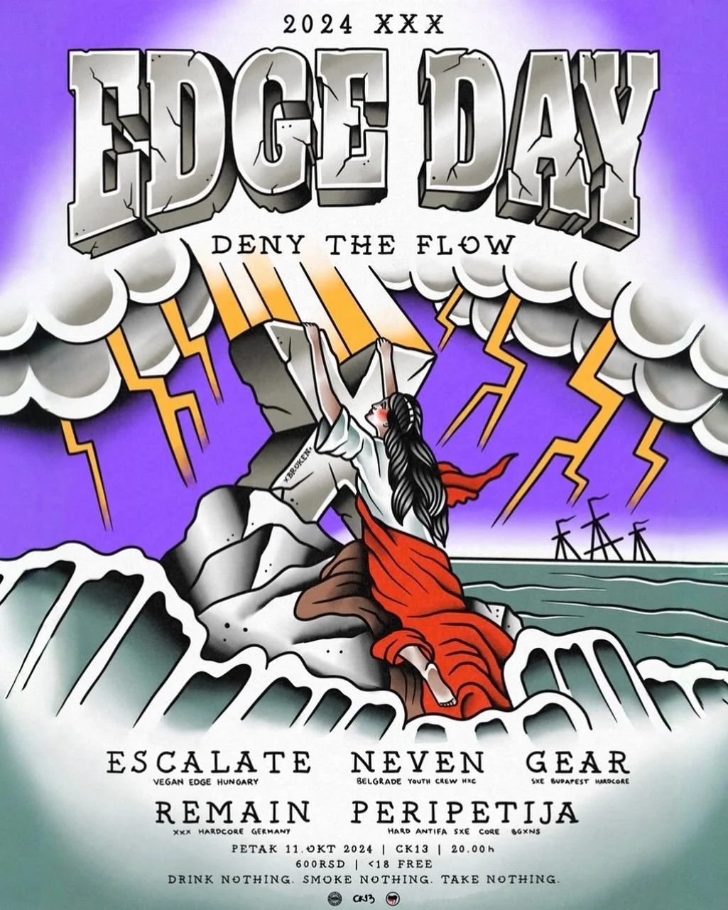 A promotional poster for an event called Edge Day 2024 featuring a stormy scene with lightning, clouds, a woman in a red dress holding a large figure's hand, and broken wind turbines in the background. Text includes event details and slogans.