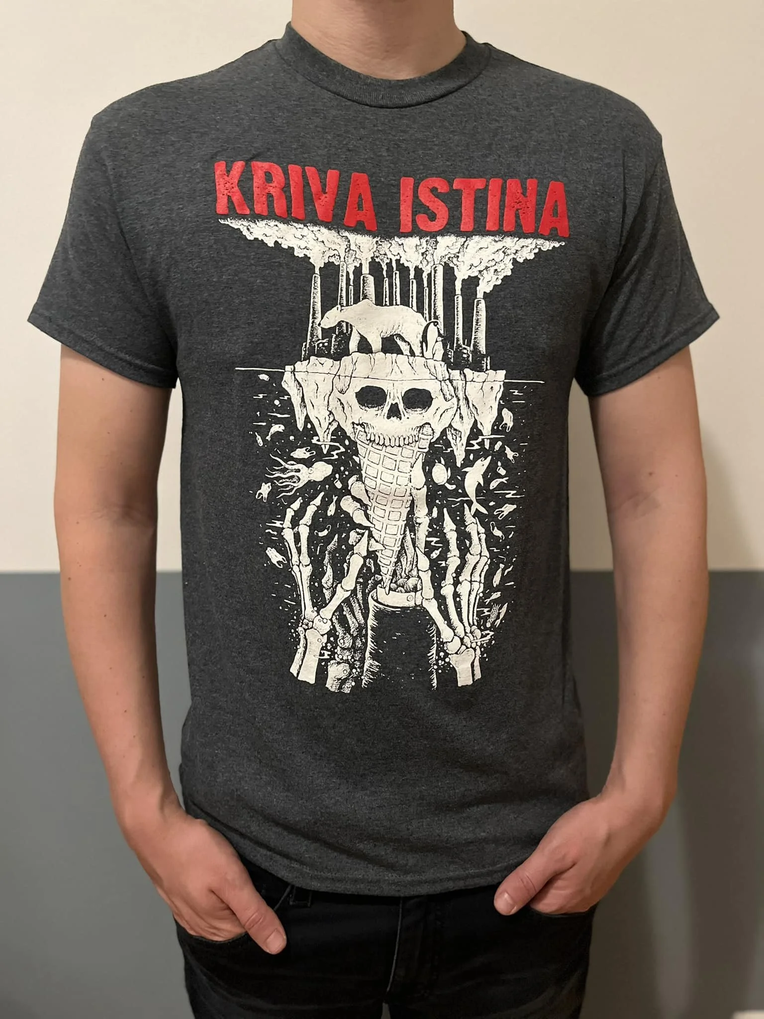 Black T-shirt with graphic of a skull, ice cream cone, and smoke, with red text at the top reading "KRIVA ISTINA".