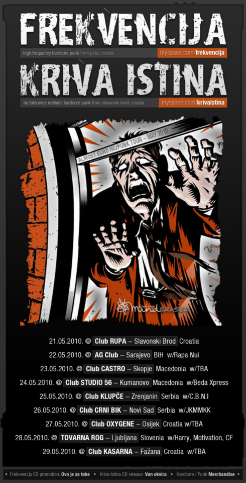 Poster for a hardcore punk concert tour in May 2010 in various cities across Croatia, Bosnia, Macedonia, Serbia, Slovenia, and Finland, featuring bands like Frekvencija and Kriva Istina.