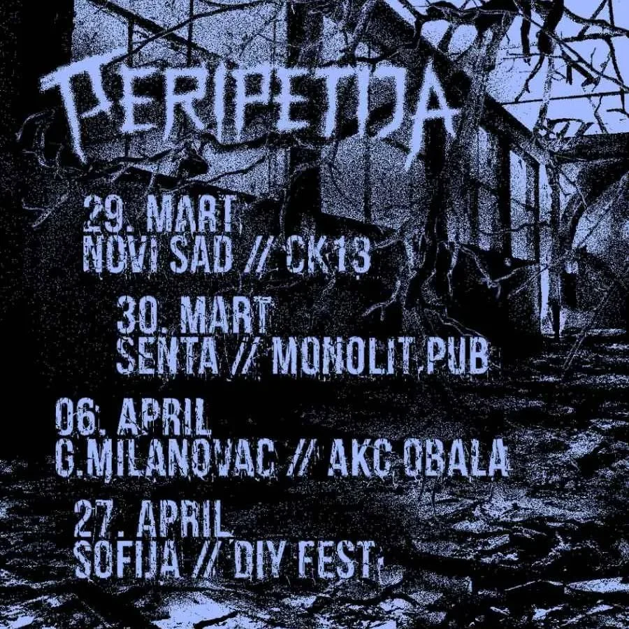Event poster for 'Peripetija' featuring dates and locations of music concerts in March and April, with dark, abstract background of branches and a building.