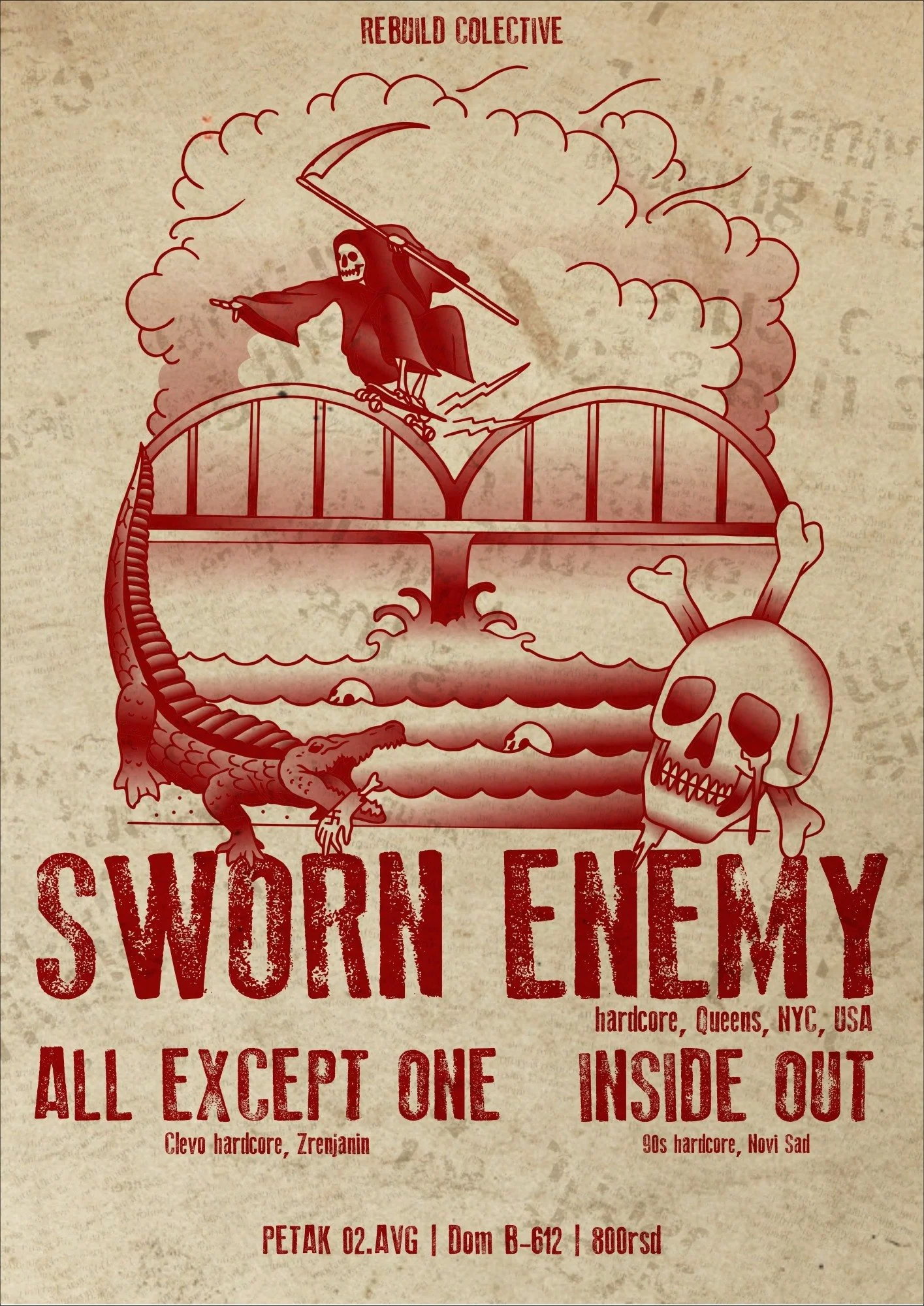 A vintage-style poster with a red illustration of a skeleton riding a giant snake over a bridge, surrounded by clouds and smoke. The poster reads "Rebuild Collective" at the top and "SWORD ENEMY" at the bottom.