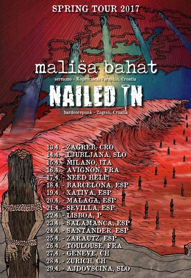 Tour poster with a dark red background, showing a mountainous landscape with trees and a path, listing multiple cities and dates for the 2017 Spring Tour by Malisa Bahat, involving bands screamo and hardcore punk, touring across Europe.