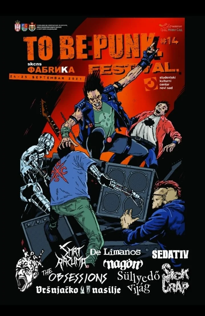 Poster for the To Be Punk Festival featuring punk band logos, animated characters, a dynamic punk scene illustration, with event details and hosting city of Novi Sad, Serbia.