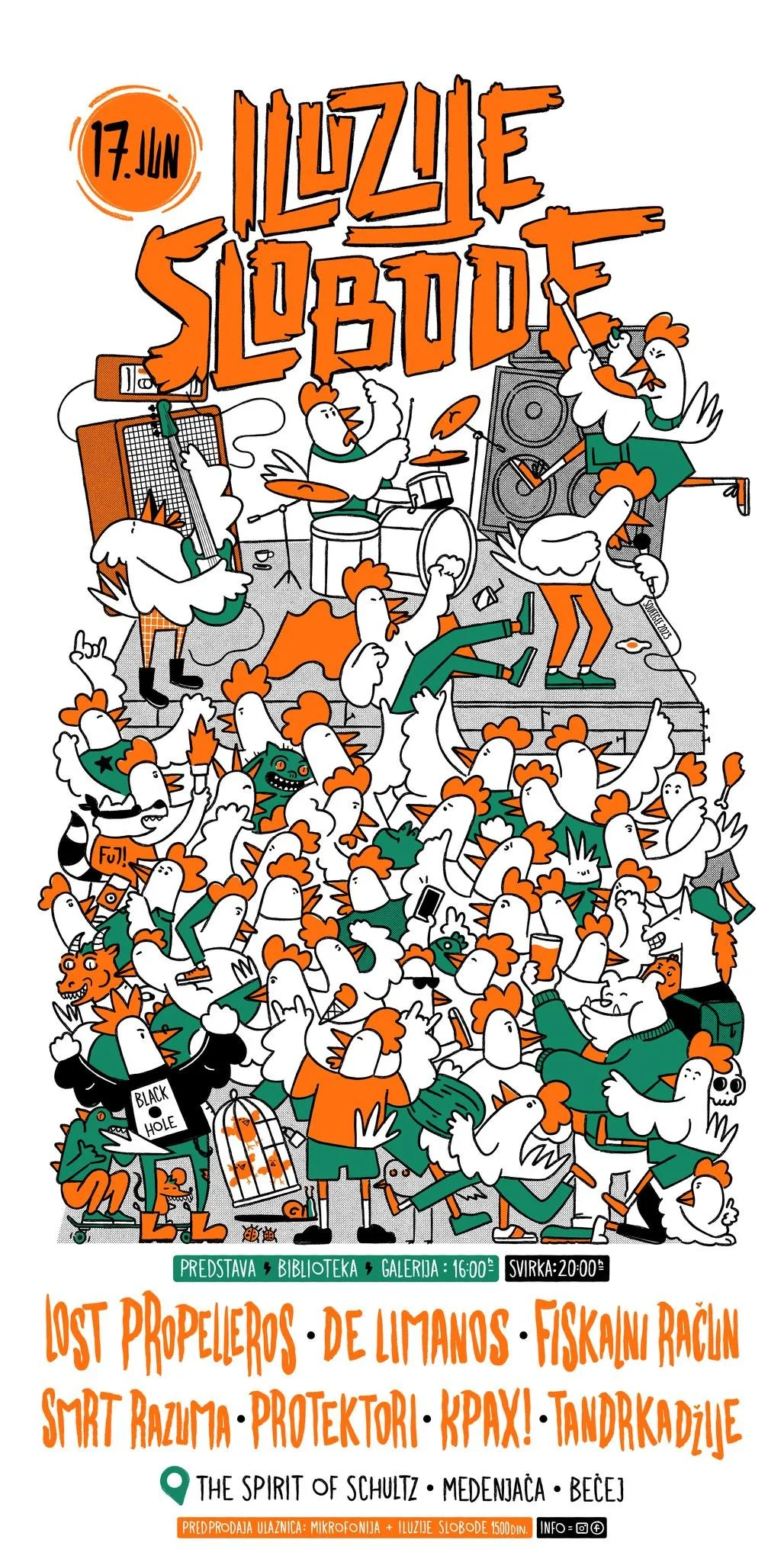 Illustration of a lively concert scene with animated characters, including birds and animals, playing musical instruments on stage, surrounded by an enthusiastic crowd. 