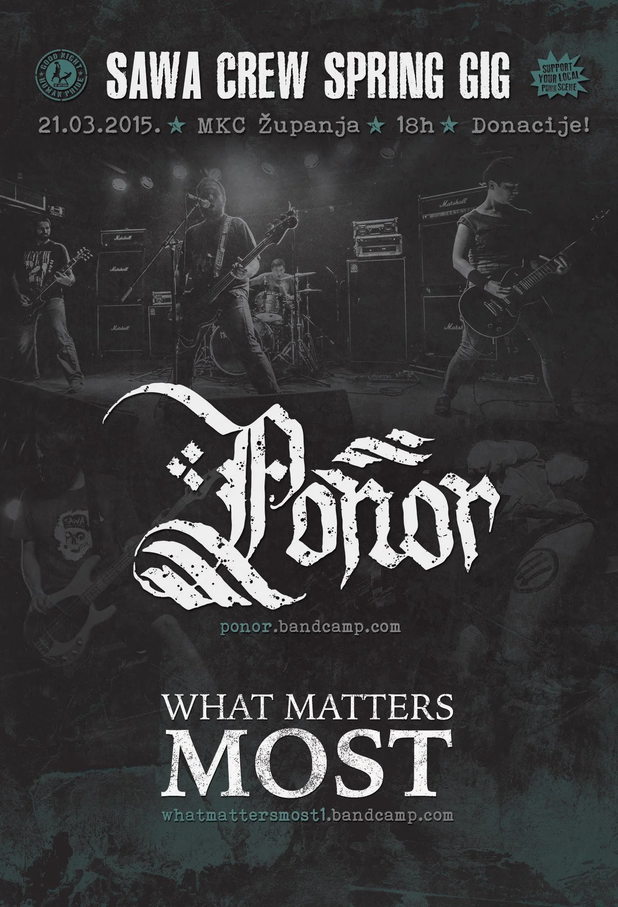 A black and white promotional poster for a band's concert featuring four musicians on stage with guitars and drums, with the band logo and website at the bottom. The event is called 'SAWA Crew Spring Gig,' scheduled for March 21, 2015, at MKC Županja