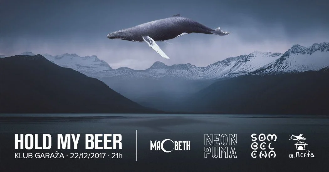 A whale depicted flying over a mountain landscape with a lake in the foreground; event details and logos at the bottom of the image.