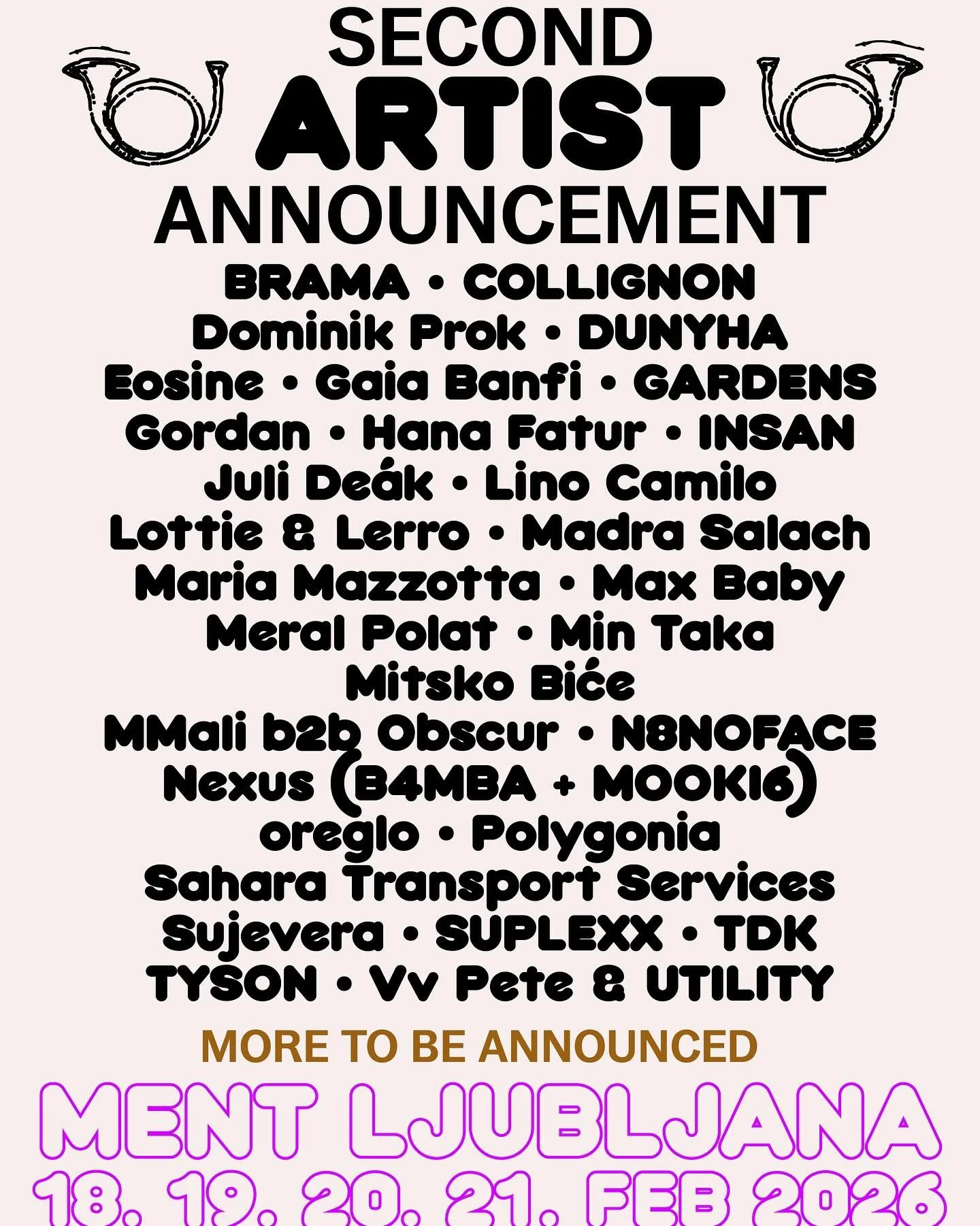 Announcement poster for a second artist event featuring multiple performers and groups, with text indicating to stay tuned for more announcements and details about the event in Ljubljana from February 18 to 21, 2022.