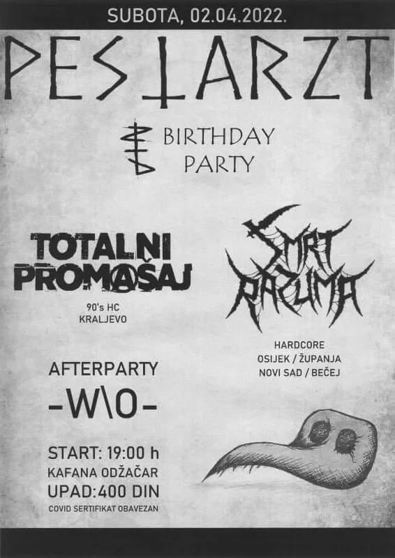 Flyer for a birthday party at Peslarzt on Saturday, April 2, 2022, featuring bands Totalni Promasaj and Smrt Razuma.
