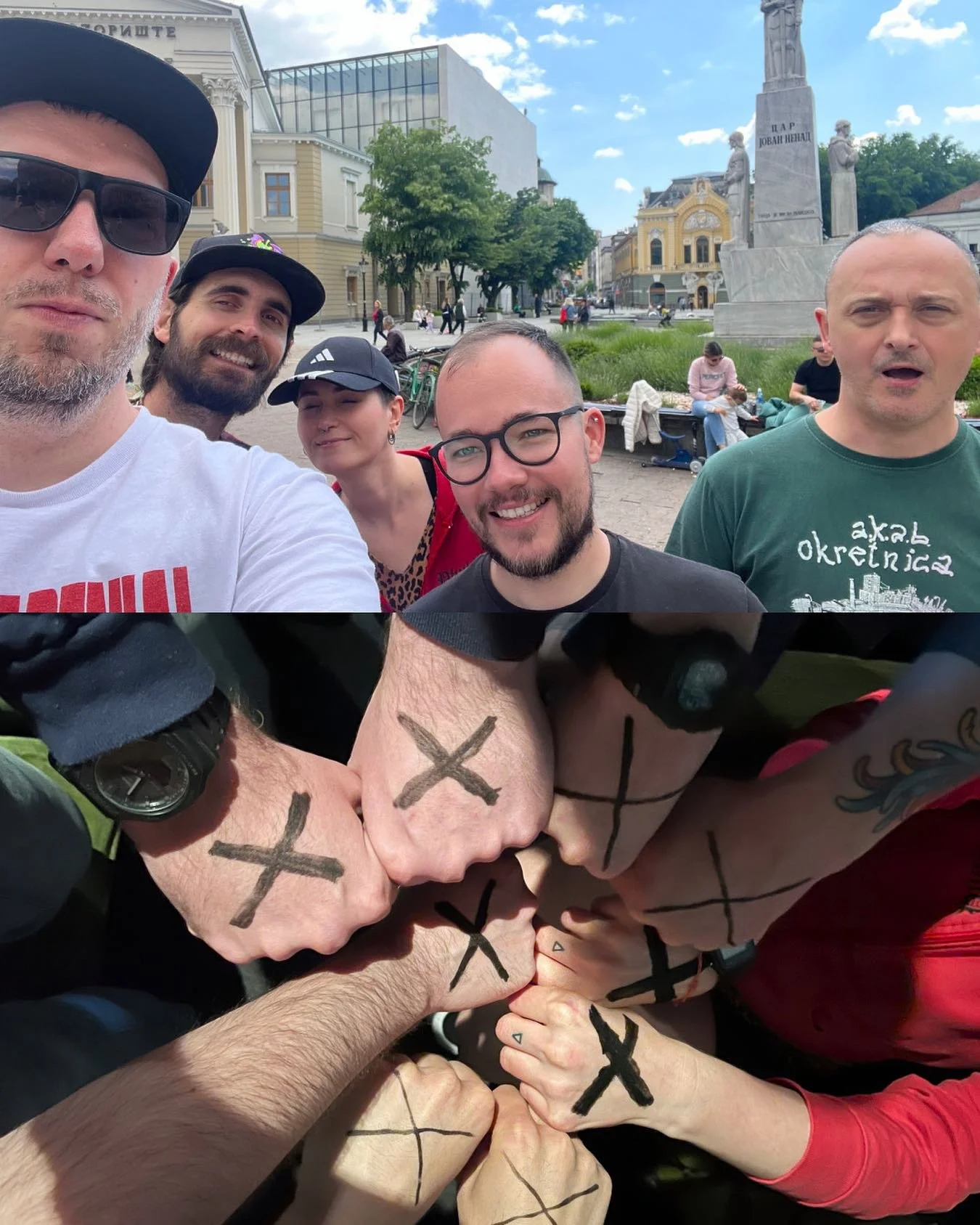 A group of five people taking a selfie in an outdoor city square, with a monument and historic buildings in the background. The group appears happy, with some smiling and others making expressive faces. The bottom half of the image shows a close-up o