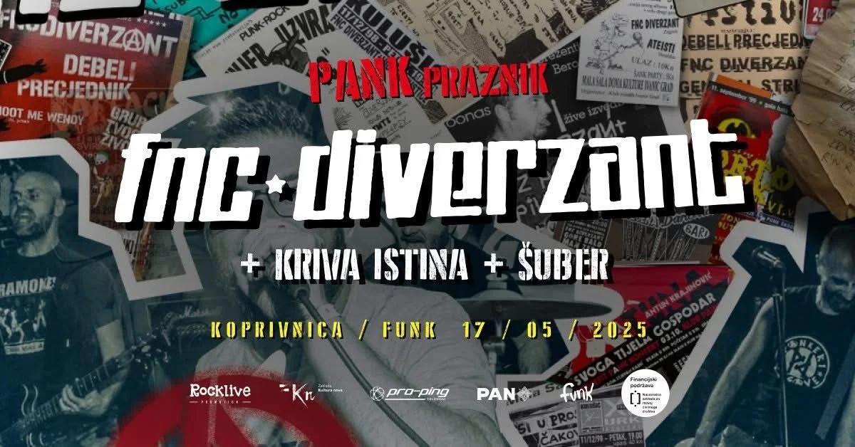 Collage of punk concert flyers and photographs with event details for 'Inc Diversity 2016' at Koprivnica, featuring bands Kriva Istina and Šuber on May 17, 2025.