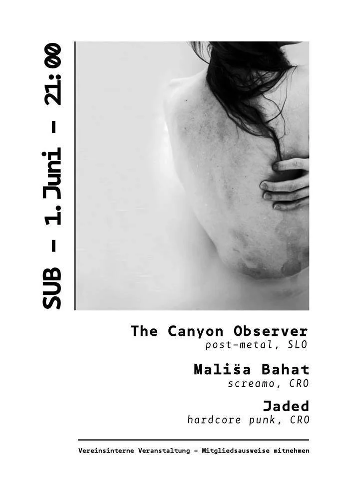 Black and white poster featuring a partially nude woman with her back turned, holding her shoulder, with event details on the left and bottom text.