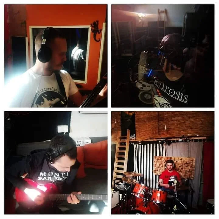 Four images showing people in a recording studio practicing music. The first person is a male wearing headphones, playing an instrument. The second image shows a microphone and recording equipment.