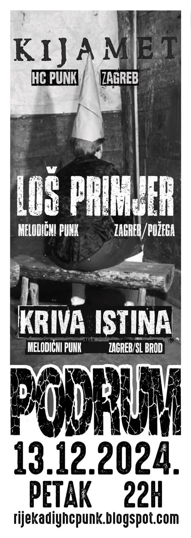 Black and white poster advertising punk concerts, featuring a person sitting on a bench with a paper hat, with event details and band names in Croatian and English.