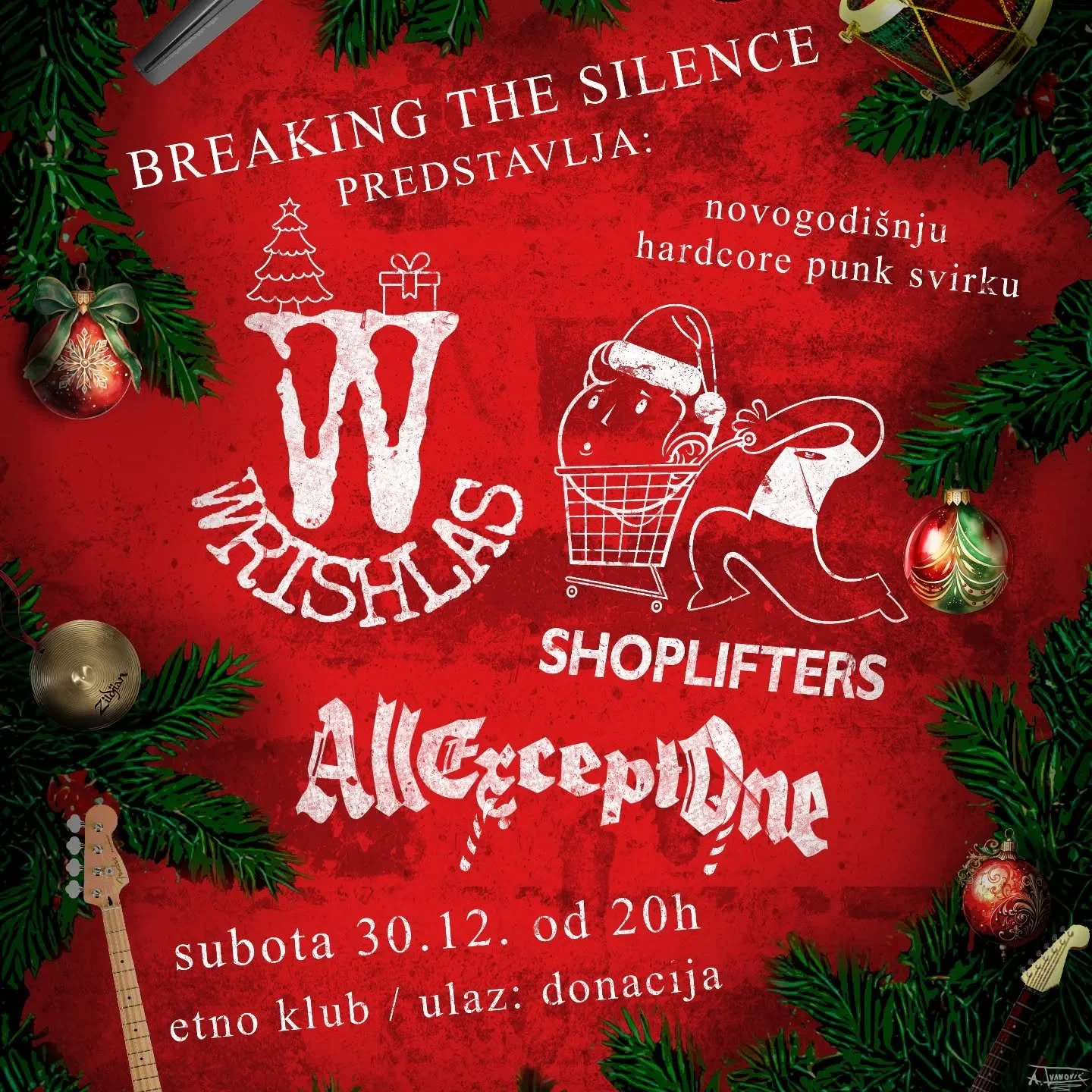A festive Christmas-themed event poster with a red background and green pine branches, showing Christmas ornaments and musical instruments. The poster announces a punk music event called 'TRISHLAS' with the band 'SHOPLIFTERS' on Saturday, December 30