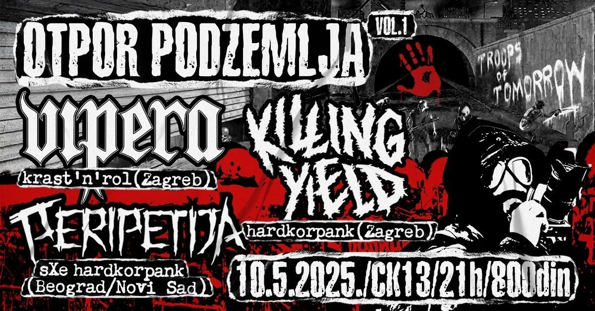 Event poster for underground music and graffiti event titled 'Otpor Podzemlja Vol. 1' featuring bands such as Viceo, Killing Yed, and Peri Peta. The event is scheduled for May 10, 2025, at CMX 13 in Zagreb with a start time of 8:00 PM. The poster has