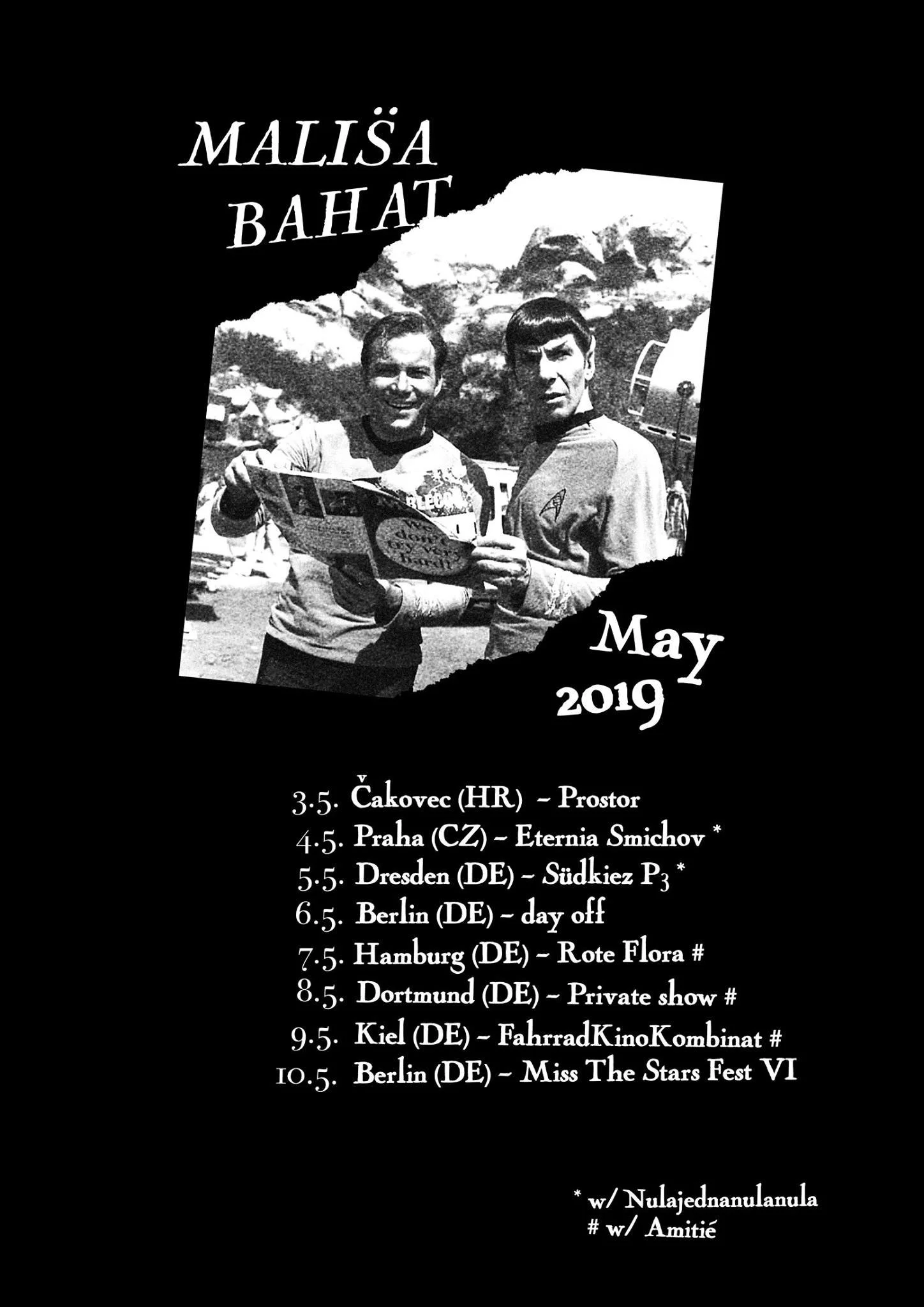 Black and white photo of two men dressed as Star Trek characters, holding a banner, with a rocky mountain background, overlaid with event information and dates in Croatian and English.