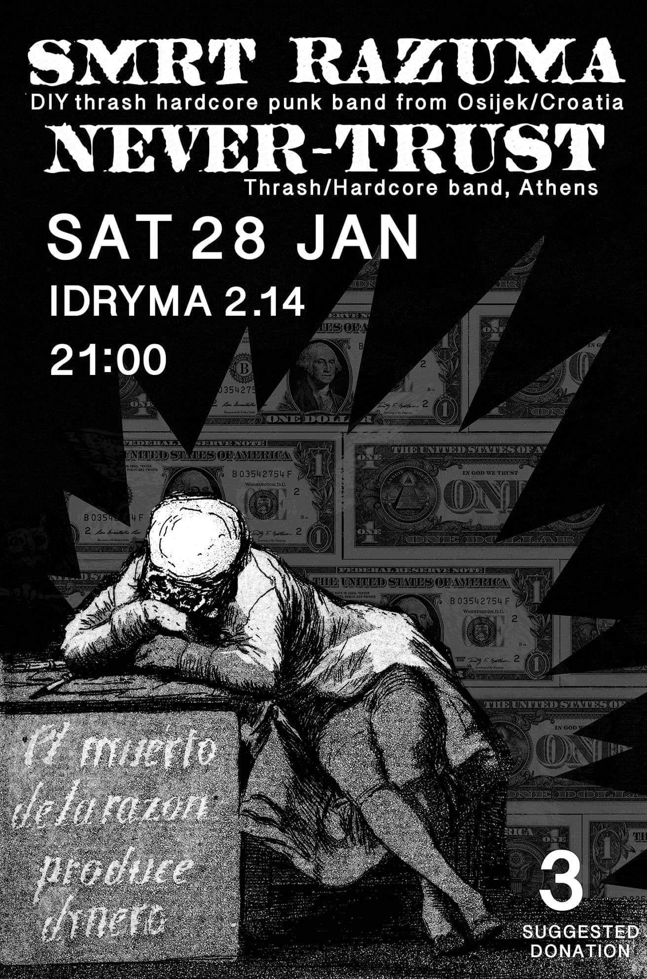 A promotional poster for a music event featuring bands 'Smrt Razuma' from Osijek/Croatia and 'Never Trust' from Athens. The event is scheduled for Saturday, January 28 at 21:00.