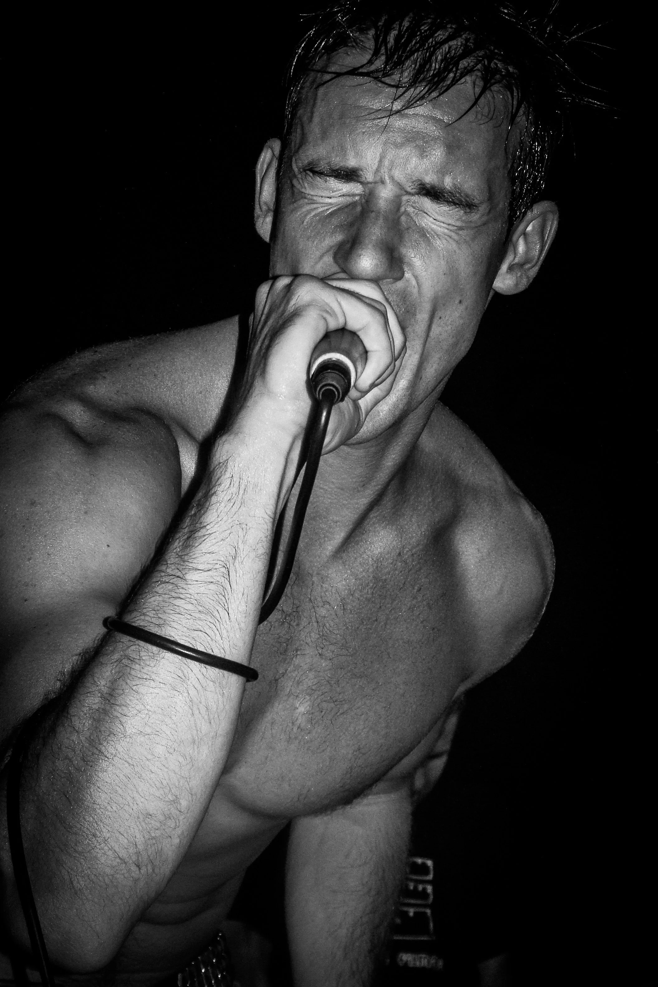 Black and white photo of a shirtless man singing into a microphone with his eyes closed, showing facial expressions of passion or emotion. His hair is wet and he is wearing a bracelet on his wrist. Band name: Debeli Precjednik / Fat Prezident