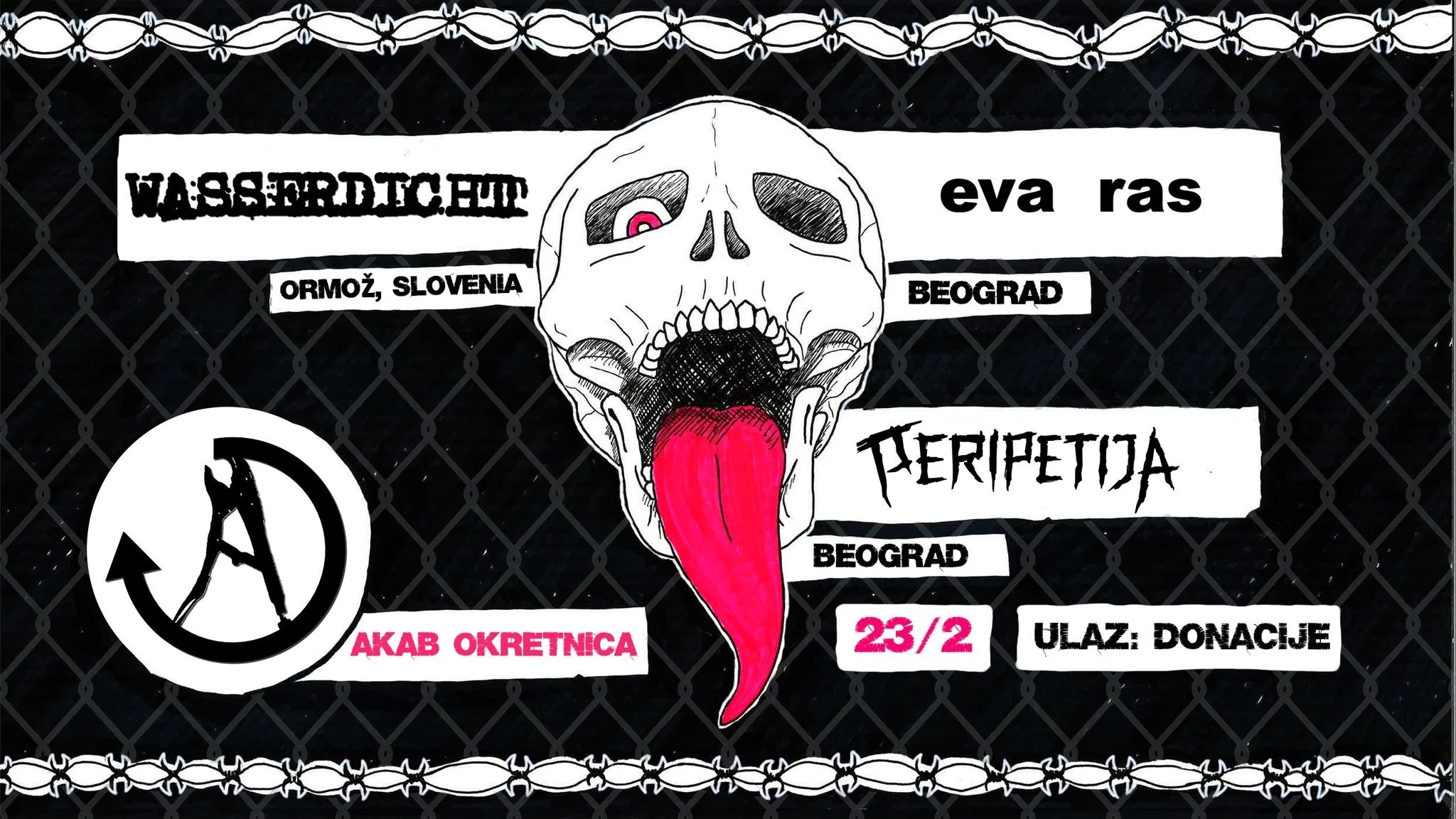 A poster with a black background and a skull with a long tongue in the center. The poster contains text in the Serbian language, including dates, locations, and event details for an event scheduled for February 23rd in Belgrade.