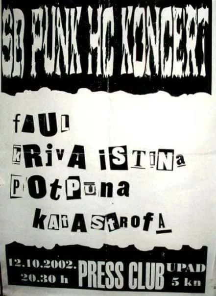 Stylized text poster for a punk concert with cut-out letters, listing band names and event details, including date, time, location, and ticket price.