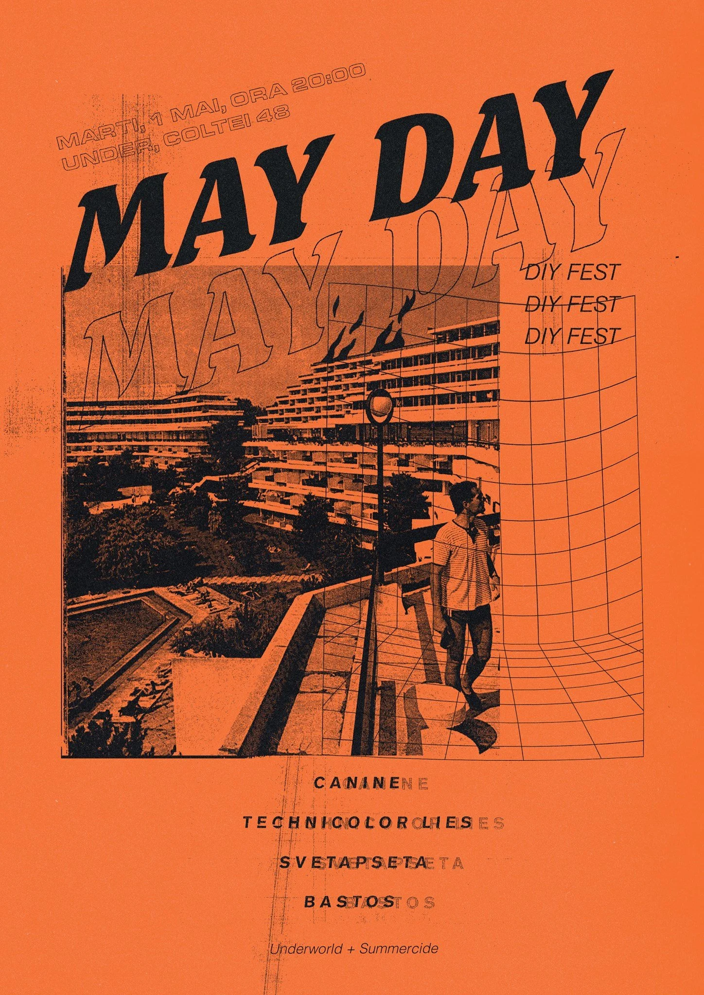 Event poster for May Day DIY Fest, featuring a building with balconies, a person walking, and text including date, time, location, and participating bands or groups.