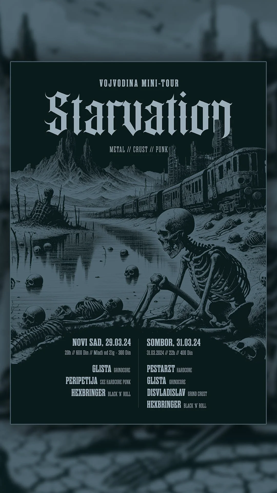Dark, dystopian poster advertising a mini-tour titled 'Starvation' by Vojvodina, featuring metal, crust, and punk music. The poster depicts skulls, skeletons, a moving train, and a desolate landscape with mountains and industrial ruins.