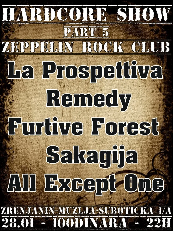 Event poster for the Hardcore Show Part 5 at Zeppelin Rock Club, featuring bands La Prospettiva Remedy, Furtive Forest, and Sakagja, with all except one band, scheduled for January 28th at 10:00 PM.
