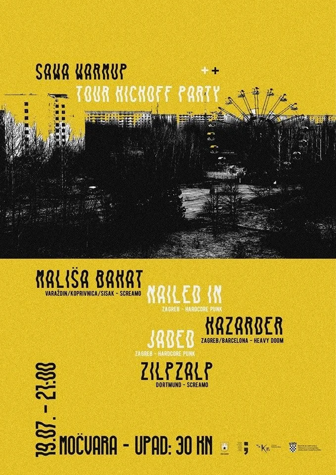 Event poster with a yellow and black cityscape background. 