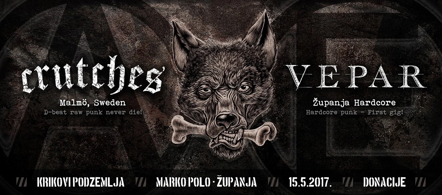 A dark poster featuring a menacing wolf's head with a bone in its mouth, info about music events in Malmö, Sweden and Županja, Croatia, with black and white gothic-style fonts.