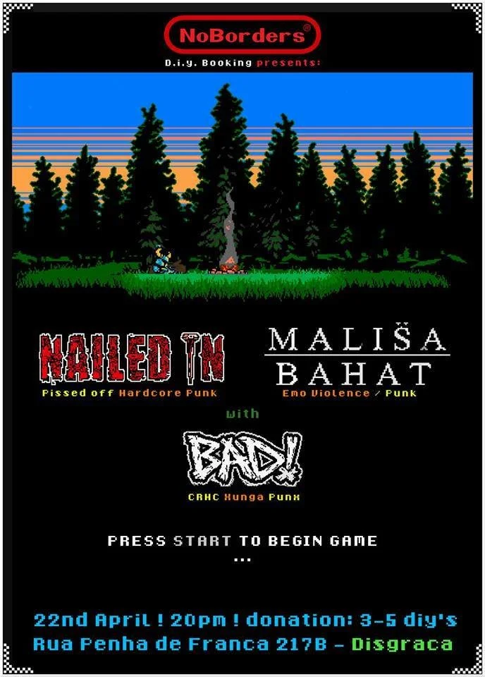 Video game cover featuring a pixel art landscape with trees and a cyclist, promotional text for an event with bands NAILLED IN, MALISA BAHAT, including details about a meeting on April 22nd at 8:00 PM with donations and location in Disgraca.