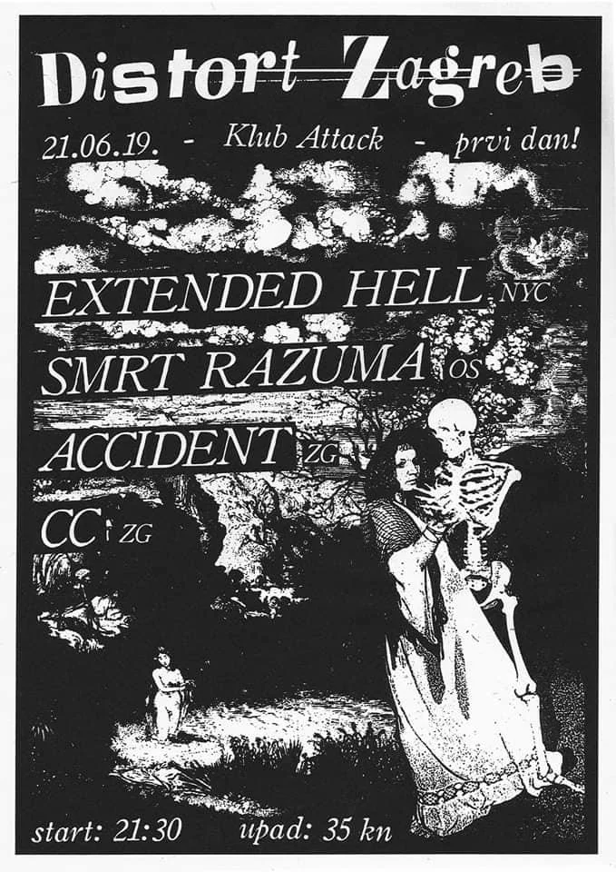 Black and white event poster with stylized clouds, trees, and two women, one holding a skeletal figure. Text includes event date 21.06.19, club name Klubb Attack, and bands named Smrt Razuma, and Accident, with start time 21:30 and ticket price 35 kn