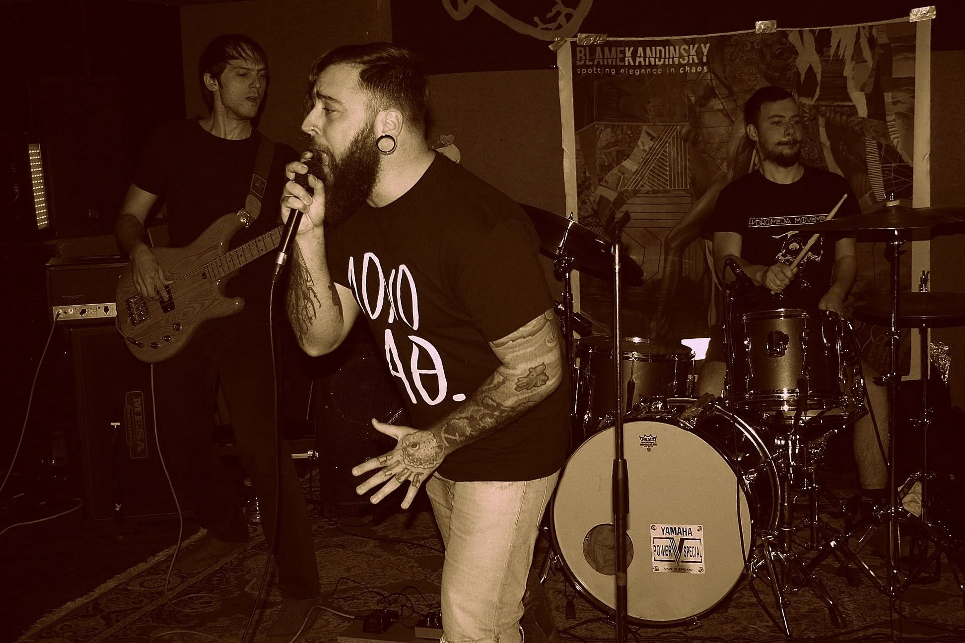 A band performing live indoors with a singer in the foreground, a guitarist on the left, and a drummer on the right, with musical equipment and a banner in the background.