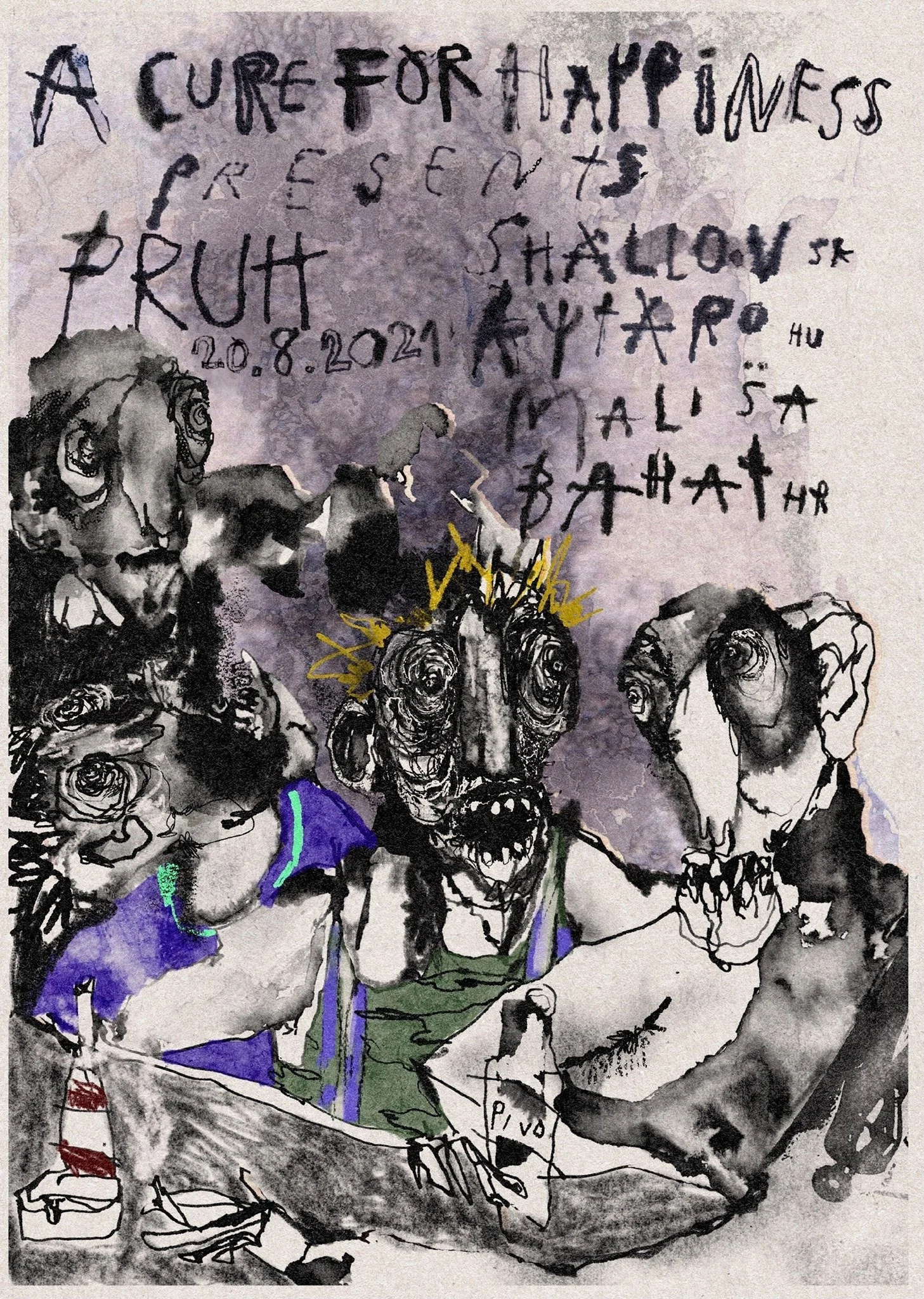 A sketch of a group of people, some holding roses, with handwritten text above and around them. The text reads "A cure for happiness presents a truth" along with a date, 20.8.2021, and other scattered words and symbols.