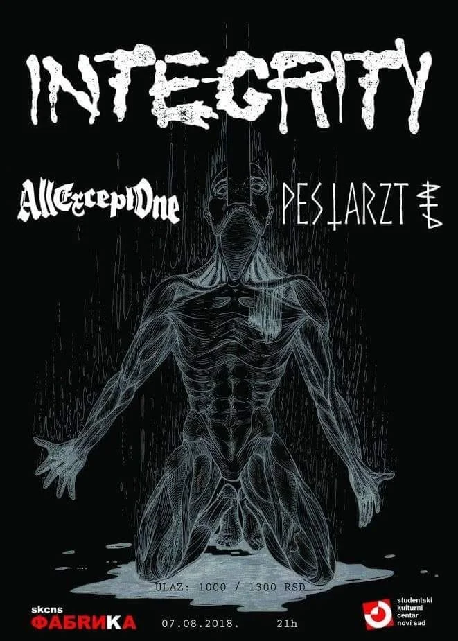 Promotional poster with the word "INTEGRITY" in large, grungy font at the top. Features a detailed, line-drawn figure of a kneeling human with muscular anatomy, wearing a mask, set against a dark background. All Except One + Pestarzt
