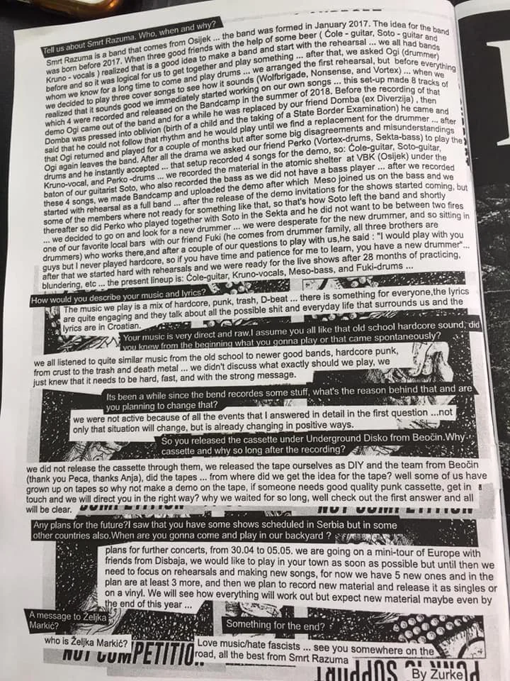 Photograph of a printed interview or article with text discussing Smrt Razuma, music genres, and plans for concerts and future activities, with sections highlighted in black.
