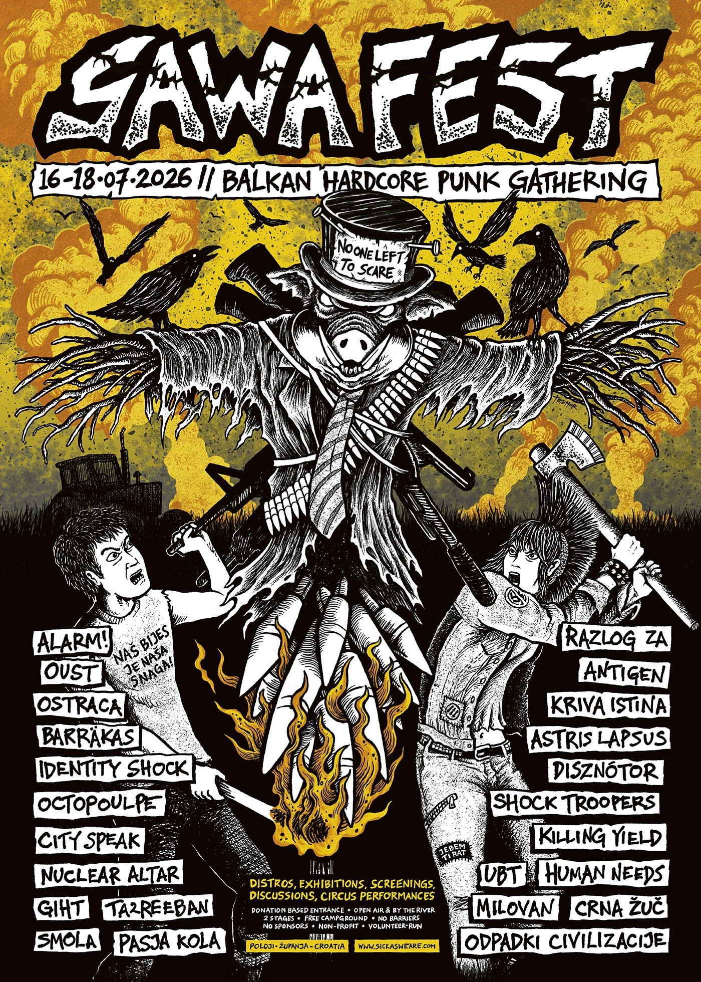 Poster for the Sawateast Balkan Hardcore Punk Gathering 2026, held from July 16 to 18 in Croatia. The poster features a dark, skeletal figure with outstretched limbs, a pig's nose, and a top hat that says 'No Left To Scare.' It is surrounded by flyin