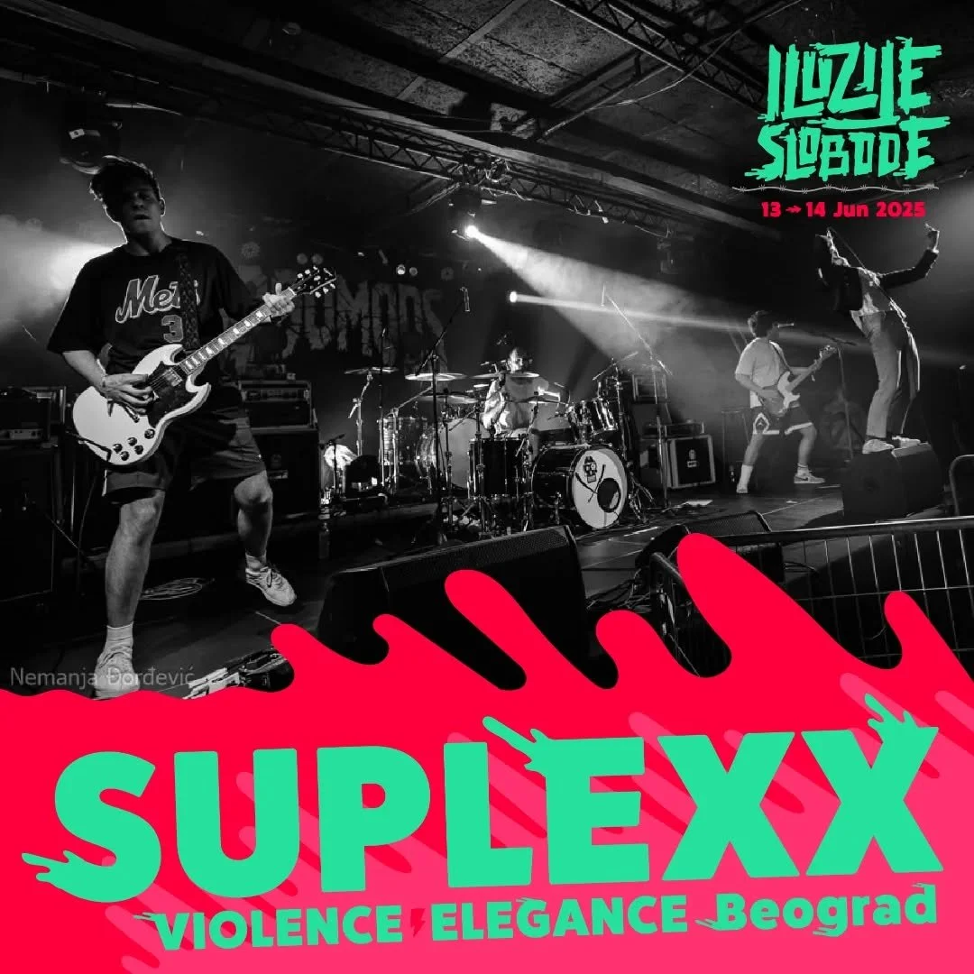Black and white photo of a live music performance with a band on stage, featuring a guitarist, drummer, and vocalist. The band members are actively playing with stage lighting focused on them. Text overlay in vibrant colors reads "Suplexxx" and detai