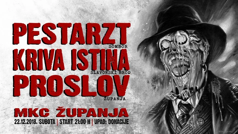 A poster advertising a theatrical performance or event with a horror theme. It features a zombie-like figure with a skeletal face, wearing a black hat, spraying slime, and dressed in a suit and tie. The text is in Serbian or Croatian and mentions the