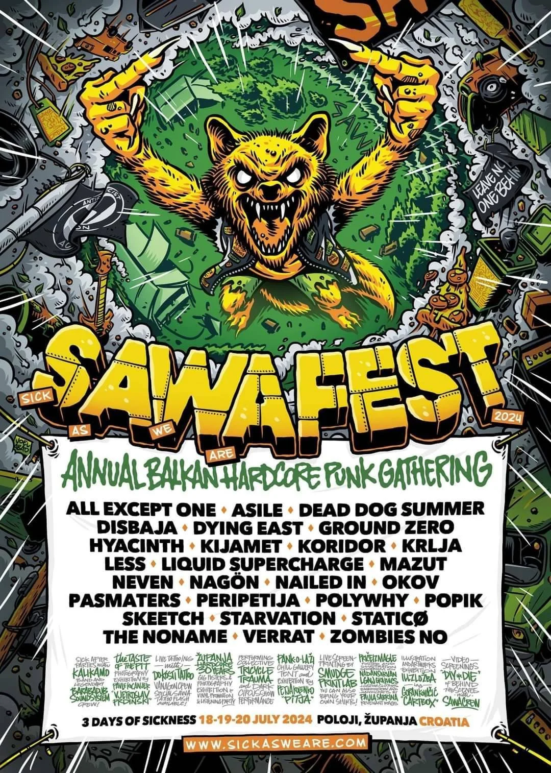 Graphic poster for Balkan Hardcore Punk Gathering 2024 featuring a snarling, yellow wolf with sharp teeth and menacing eyes, emerging from a green forest with various punk elements around it. The event is scheduled for July 18-20, 2024 in Ploče, Croa