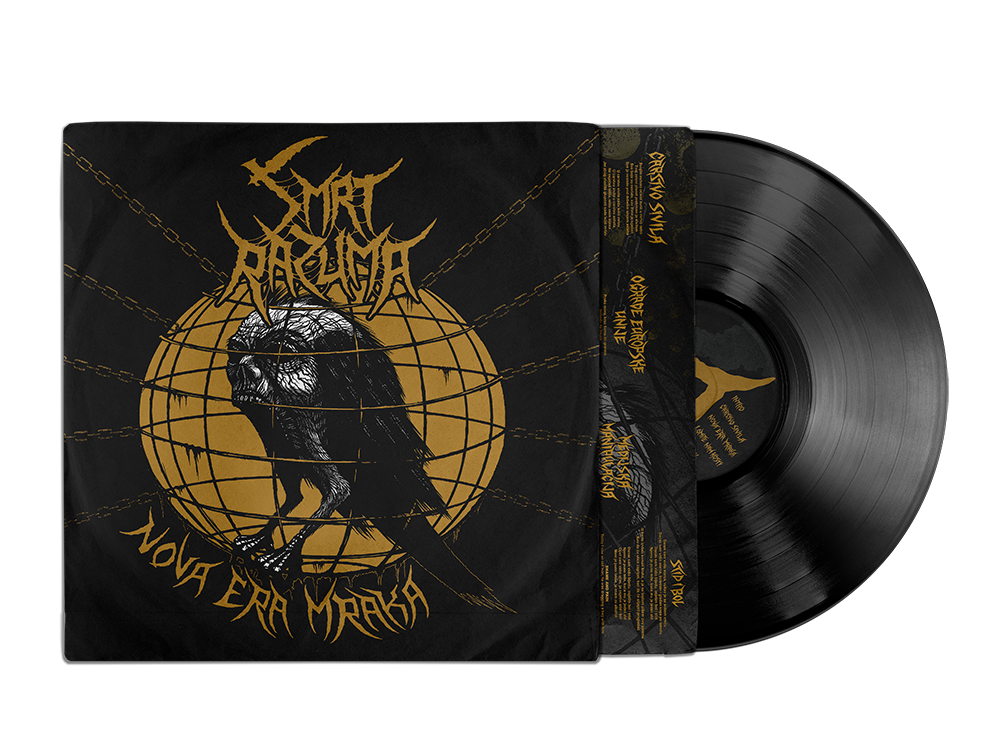 Black vinyl record in sleeve with black and gold cover art showing a bird with human hair in a globe with chains, and stylized text. SMRT RAZUMA band name, album NOVA ERA MRAKA.